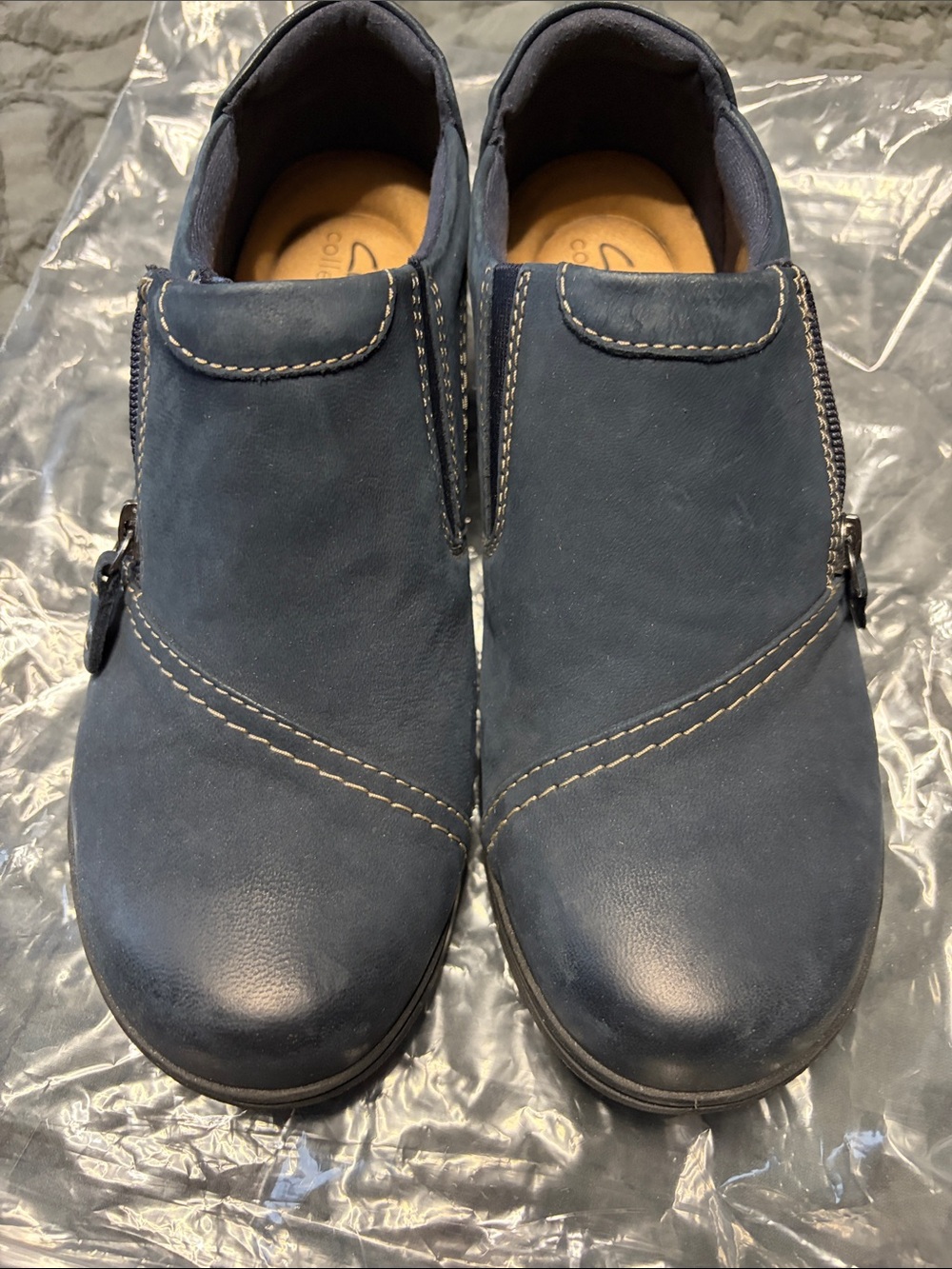 Clarks Navy Blue Leather Slip-On Loafers with Contrast Stitching